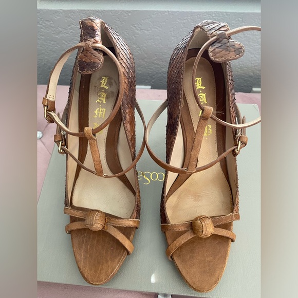L.A.M.B -Felix, Multi Brown Snakeskin Leather Peep Toe Stiletto Sandal size 9.5M - Picture 7 of 12